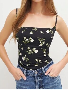 Reformation Grace Black Floral Square-Neck Cami with White & Green Blossoms